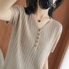 Ice Silk Short Sleeved T-shirt for Women Loose and Slimming V-neck Knitted Sweater Half Sleeved Top