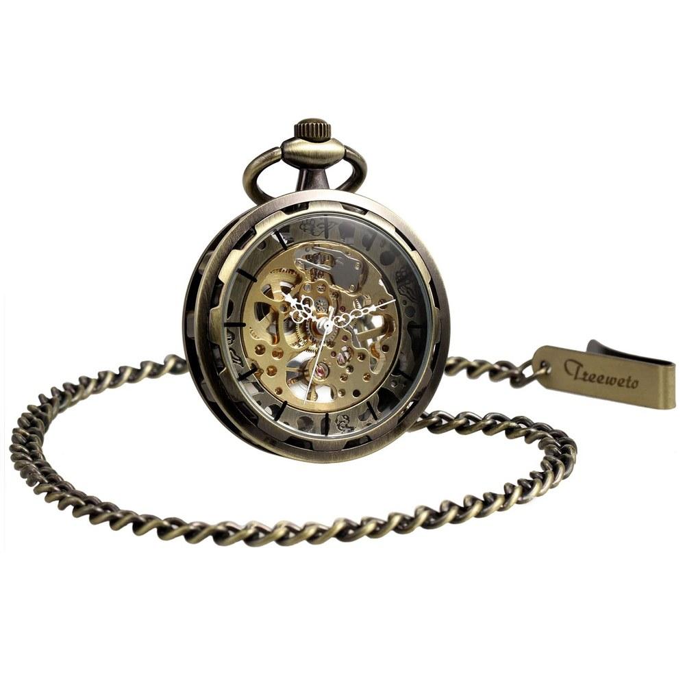 TREEWETO Pocket Watch Hand Wind Antique Mechanical Skeleton Chain Men's Bronze