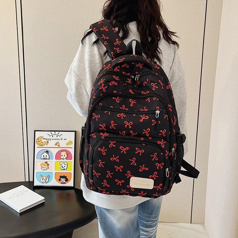 girl college student backpack large capacity bow full print travel light backpack