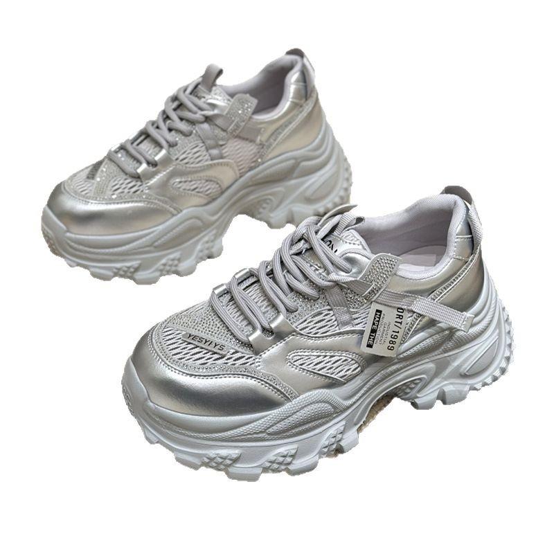 Rhinestone Thick-soled Heightening Dad Shoes Spring New Leather Versatile Breathable Sports and Leisure Shoes