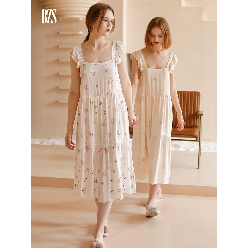 2024 Summer Tribute Satin Sweet Strap Dress Summer Cotton Silk Can Be Outwear Print Nightdress Women's Home Wear Rayon Pajamas