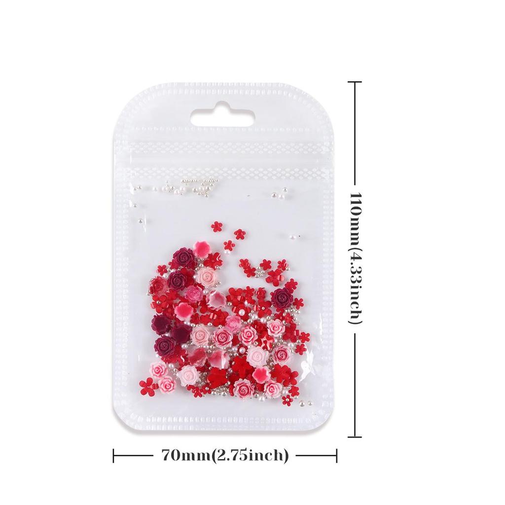Valentine's Day Mixed Color Center Small Rose Nail Decoration Accessories, Red Acrylic Small Flower Silver Beads for Making Charming Nail Products