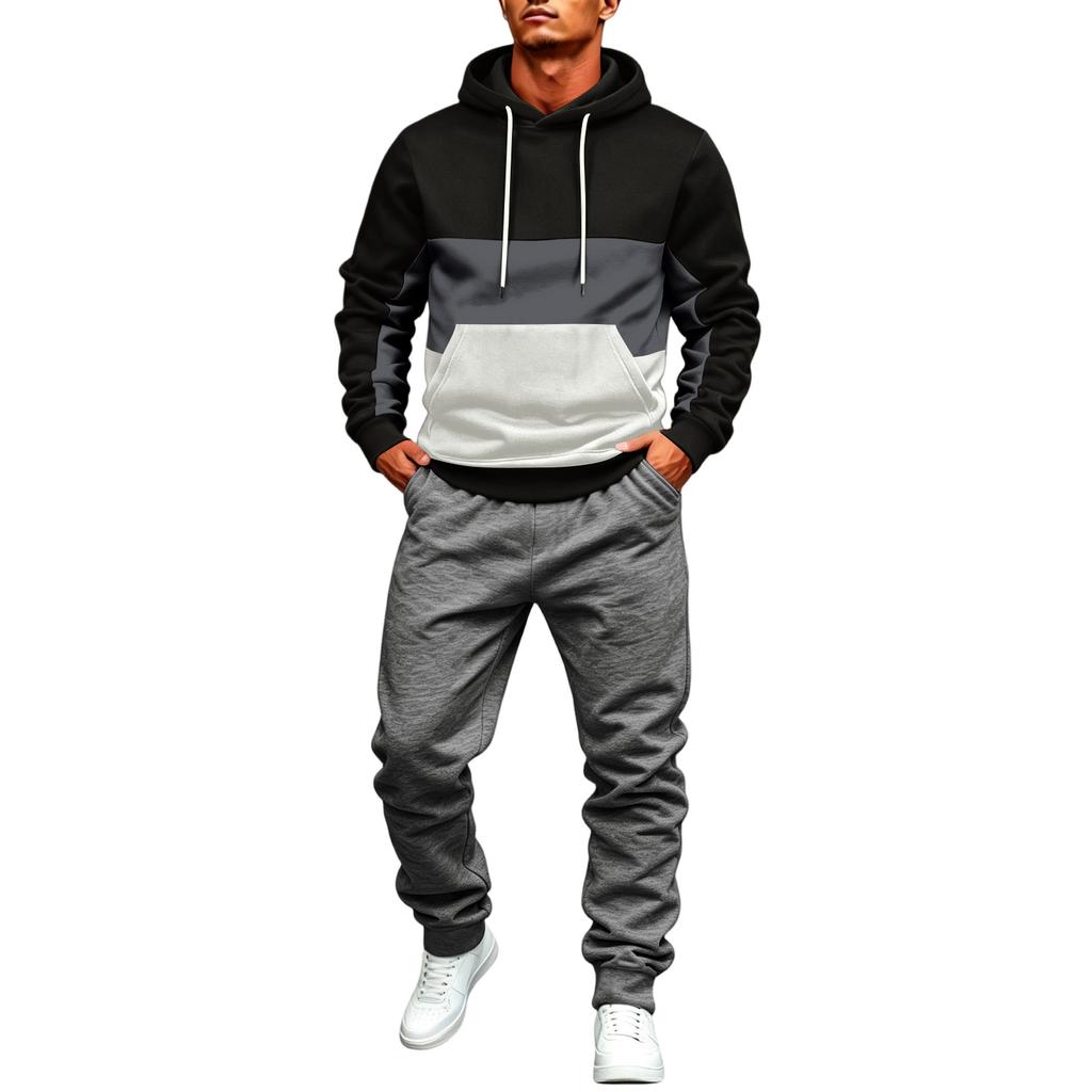 Men's Color Block Lined Hoodie Sweatshirt and Jogger Pants Set for Winter
