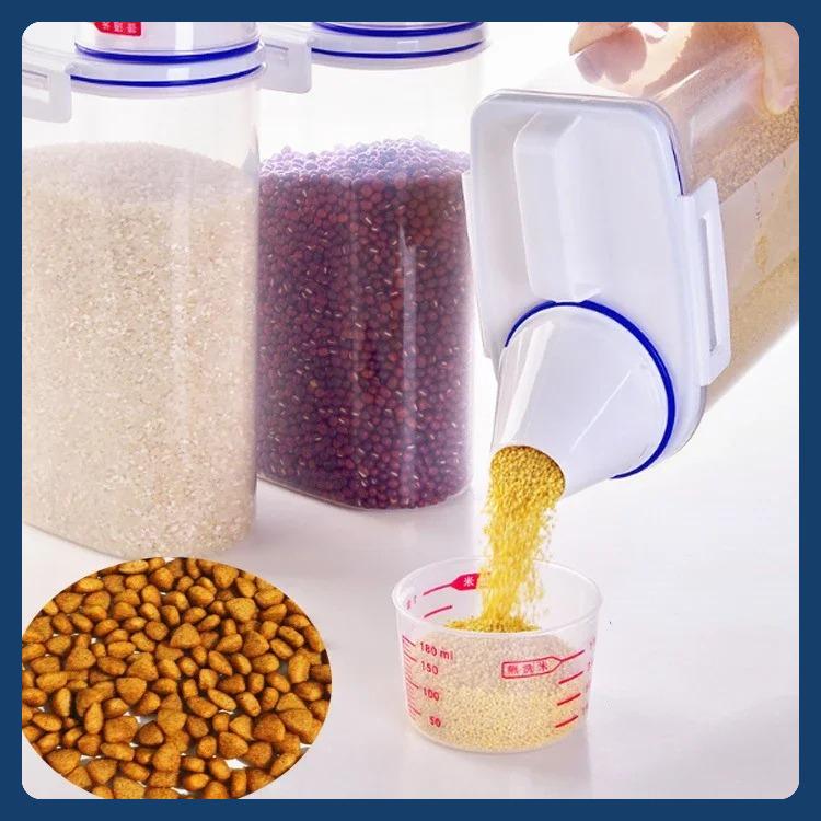 2 kg Hunde- und Katzenfuttereimer, Kunststoff-Vorratsbehälter mit Messbecher, feuchtigkeitsbeständiger, versiegelter Behälter, Heimtierbedarf