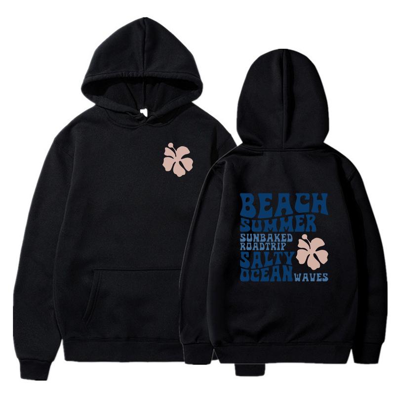 2024 Mode Floral Buchstaben Hoodie Damen Strand Sommer Salzig Ozeanwellen Grafik Kapuzenpullover Locker Langarm Ästhetik Sweatshirts