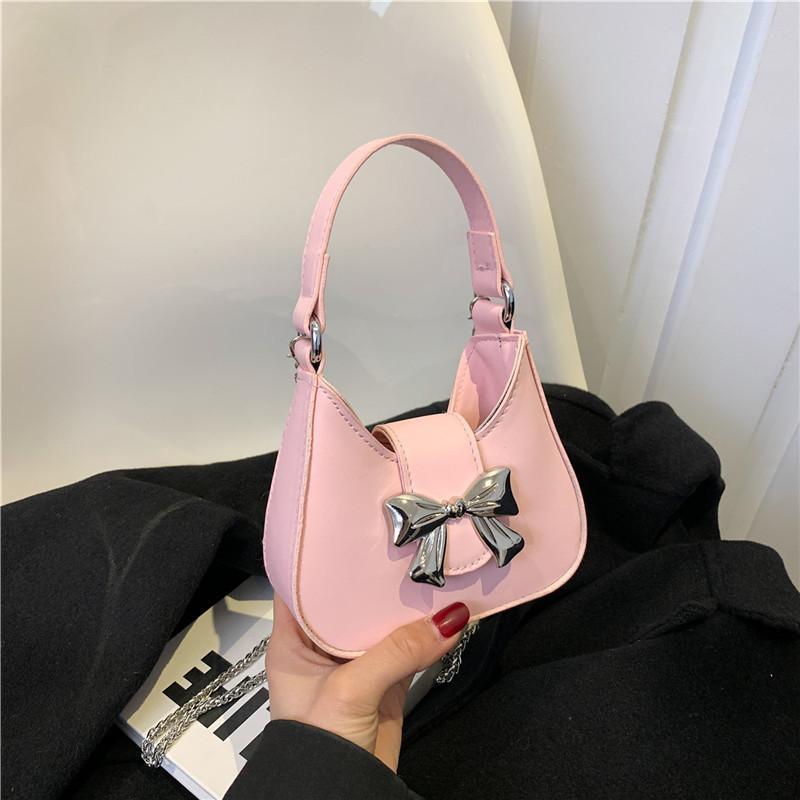 Black Pu Material Butterfly Knot Women's Bag 2024 Urban Simple Style Chain Shoulder Crossbody Handbag