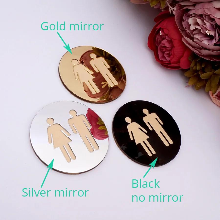 5mm 3D Acrylic Mirror Round Toilet Door Sign Men Women Bathroom WC Black Gold Silver Modern Wood Base Wall Sticker Home Decor