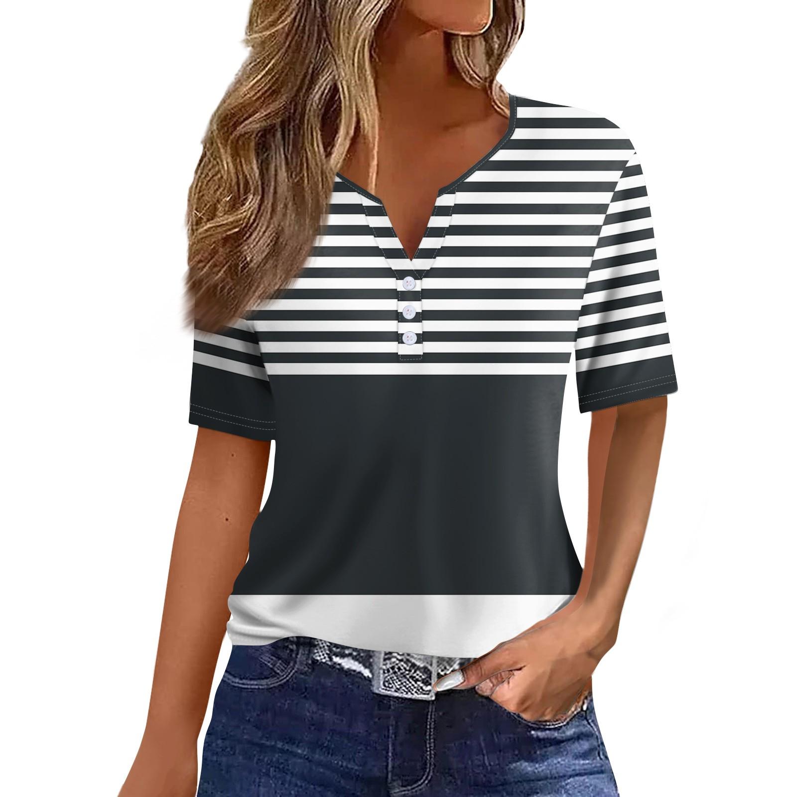 

Жен. Футболка С принтом Пуговицы С короткими рукавами Повседневные Выходные Мода Классический V-образный вырез Обычный Верх XL тёмно-синий