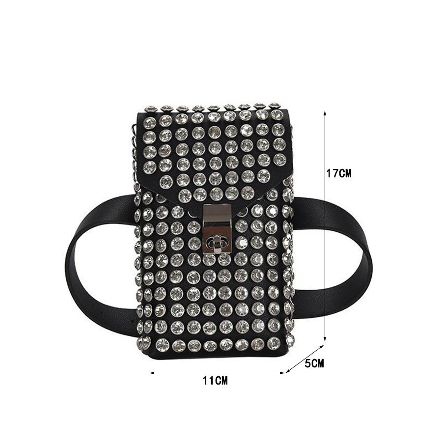 Shiny rhineste mobile phe wallet, chain shoulder lipstick small bag, dinner party flap messenger bag pu leather waist bags