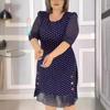 2025 Summer European & American Polka Dot Mid-Length Mini Dress for Women - Round Neck, Short Sleeve