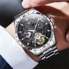 OLEVS Men's Automatic Mechanical Watch Starry Sky Dial Skeleton Design Leather Band Waterproof Blue