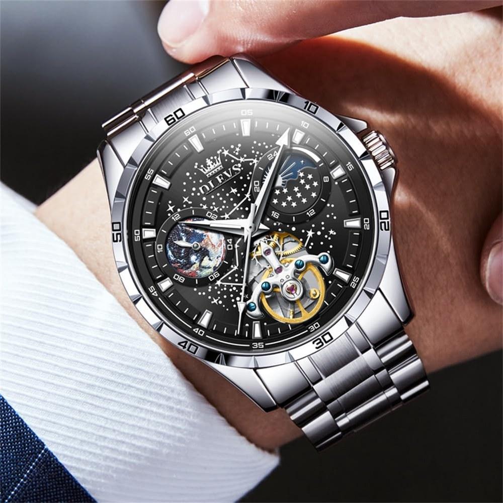 OLEVS Men's Automatic Mechanical Watch Starry Sky Dial Skeleton Design Leather Band Waterproof Blue
