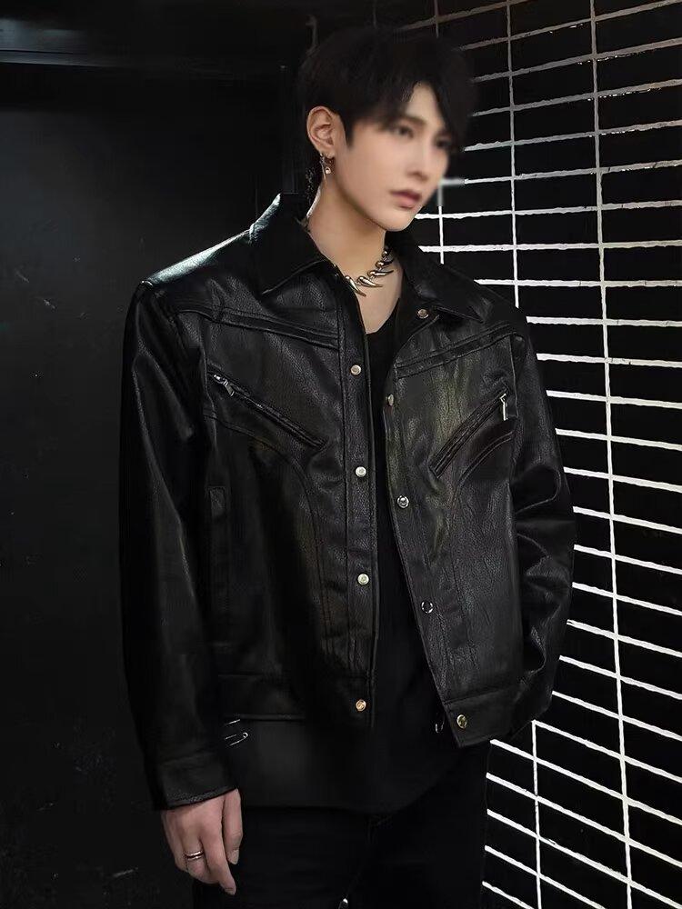 Autumn and winter niche deconstruction high sense ruffian handsome locomotive top jacket men's retro trendy brand PU leather jacket short jacket