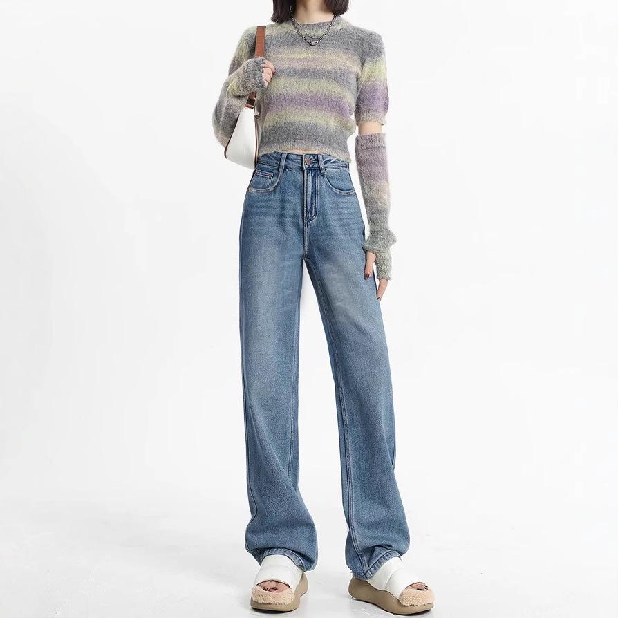 

Джинсовые синие бархатные широкие брюки с высокой талией и зимним флисом для женщин Large