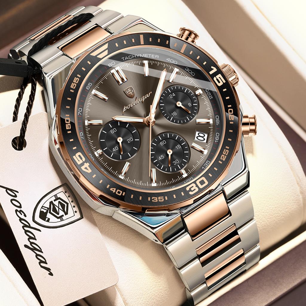 POEDAGAR Top Luxury Man Wristwatch Date Waterproof Luminous Chronograph Watch for Men Stainless Steel Quartz Watches Reloj