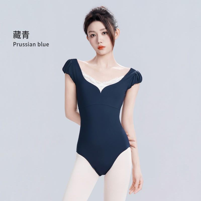 Womens Short Sleeve V-Neck Ballet Leotard With Lace Trim Dance Training Yoga Gymnastics