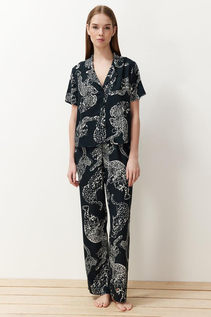 Women's Fashion Anthracite Animal Patterned Viscose Woven Pajama Set