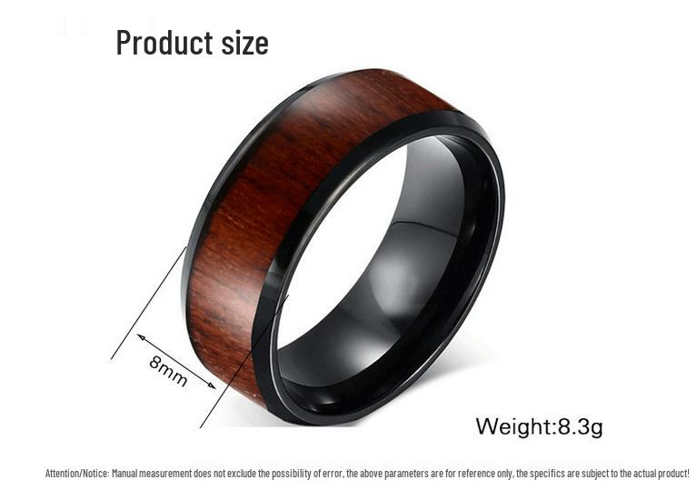 Elegant European & American 8MM Stainless Steel Pinky Ring with Black Wood Grain