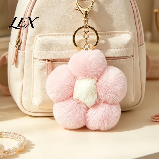 Women Bag Charm Plush Flower Keychain for Handbags, Five-petal Charm, Fluffy Backpack Hanging Accessory Soft