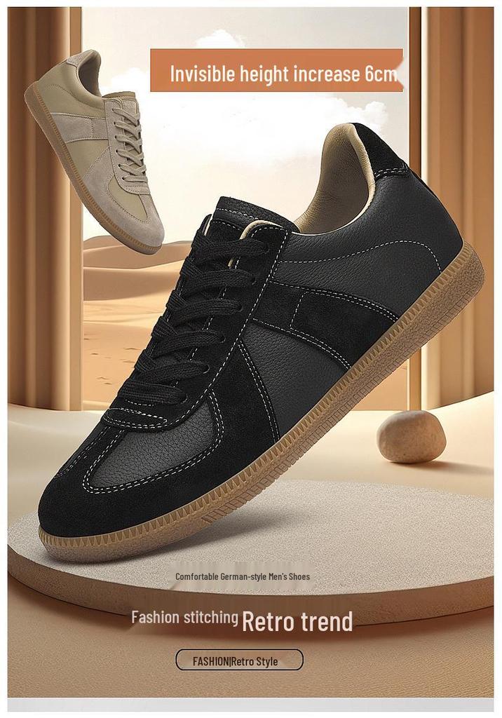 Men's German Cowhide Training Shoes: 8CM Height Boost, Lightweight, Comfortable, Casual Lace-Up with Soft Rubber Sole.
