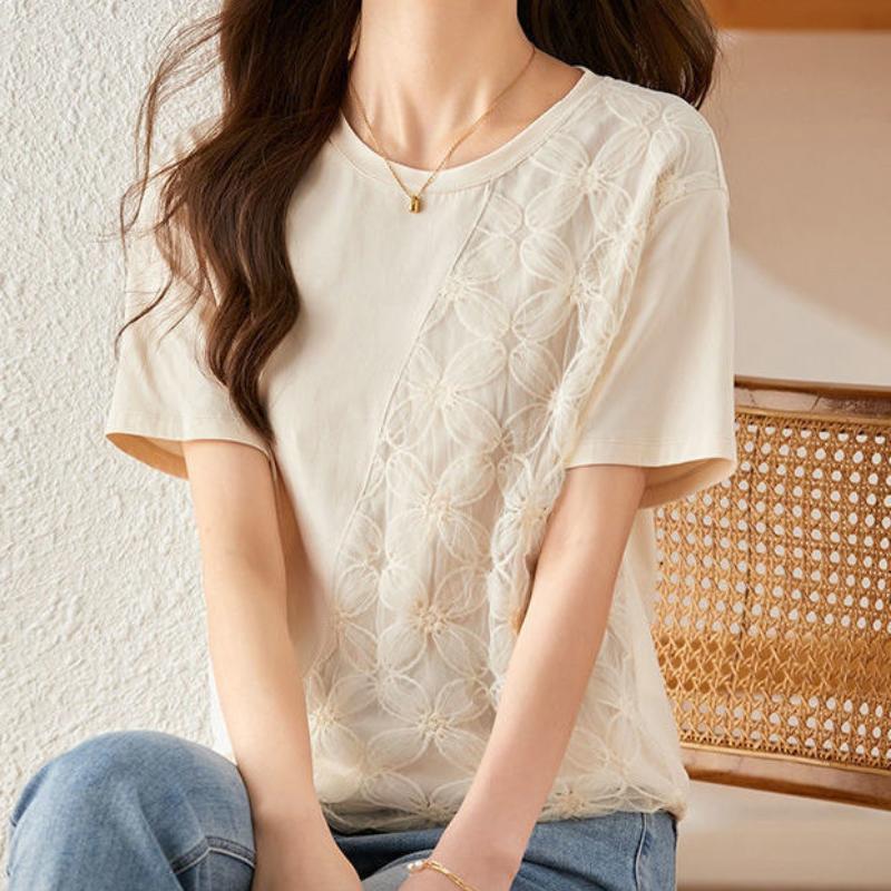 New Summer Women's Solid Color Splicing Lace Floral O-Neck Short Sleeve Thin Loose Korean Pullovers Fashion Casual Tops