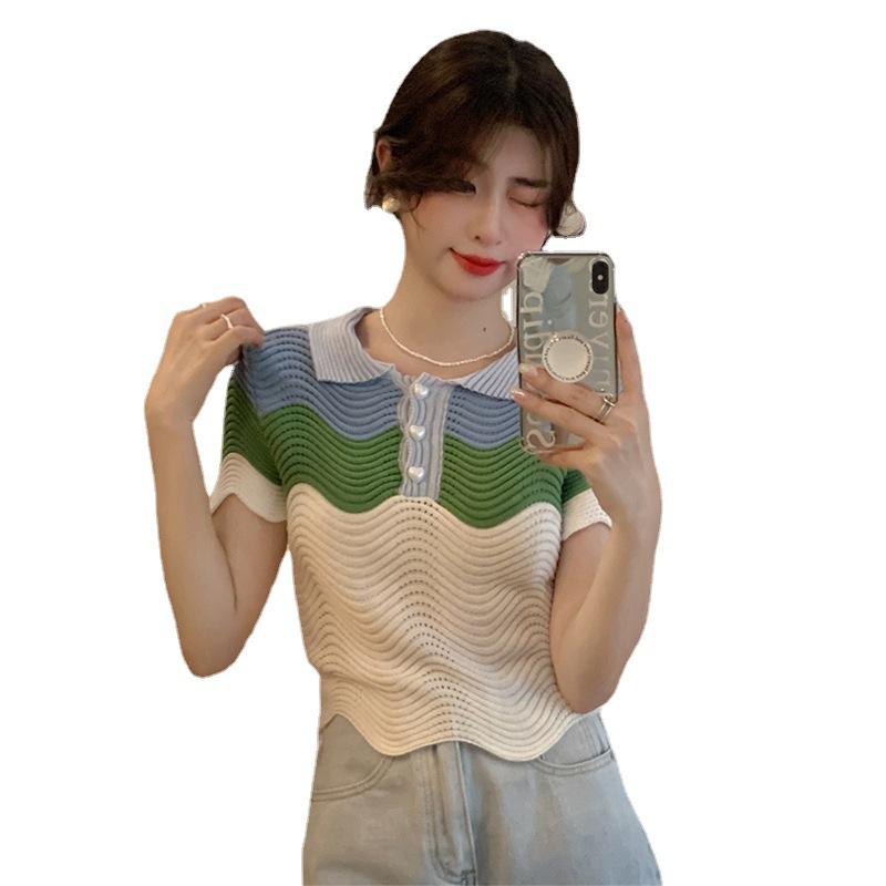 Summer Korean version of the new slim and thin niche color matching short foreign style chic short-sleeved knitted sweater top women