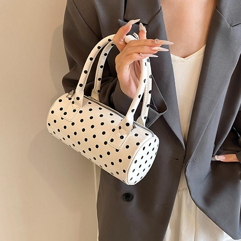 Chic Black & White Polka Dot Stylish Cylinder Crossbody Bag Braided Handle PU Leather Zip Closure Versatile Messenger Bag for Women AVE