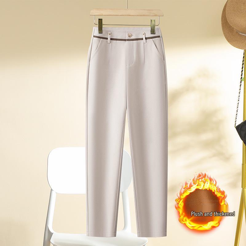 Dámské vlněné harémové kalhoty s vysokým pasem - Podzim Zima 2024, Silně podšité fleecem, Zeštíhlující, Kalhoty s rovnými nohavicemi.