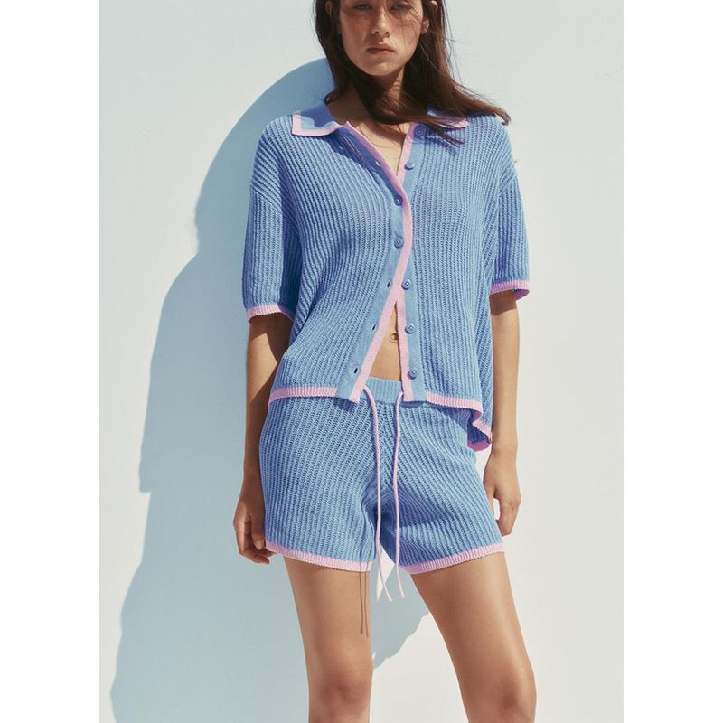 Short-Sleeved Knitting Polo Shirt Casual Outwear 3920260 High Waist Comfort Stretch Knit Shorts 3920261