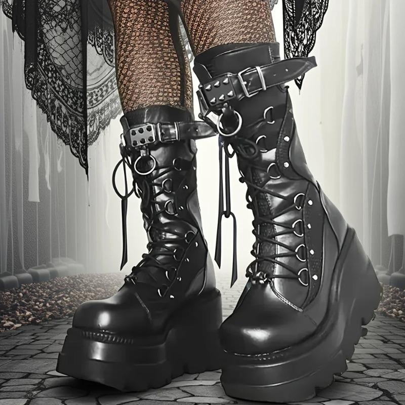 Ladies Goth Platform Boots Fashion Rivet Buckle Punk Wedges High Heels Women's Boots Party Street Cosplay Woman Shoes