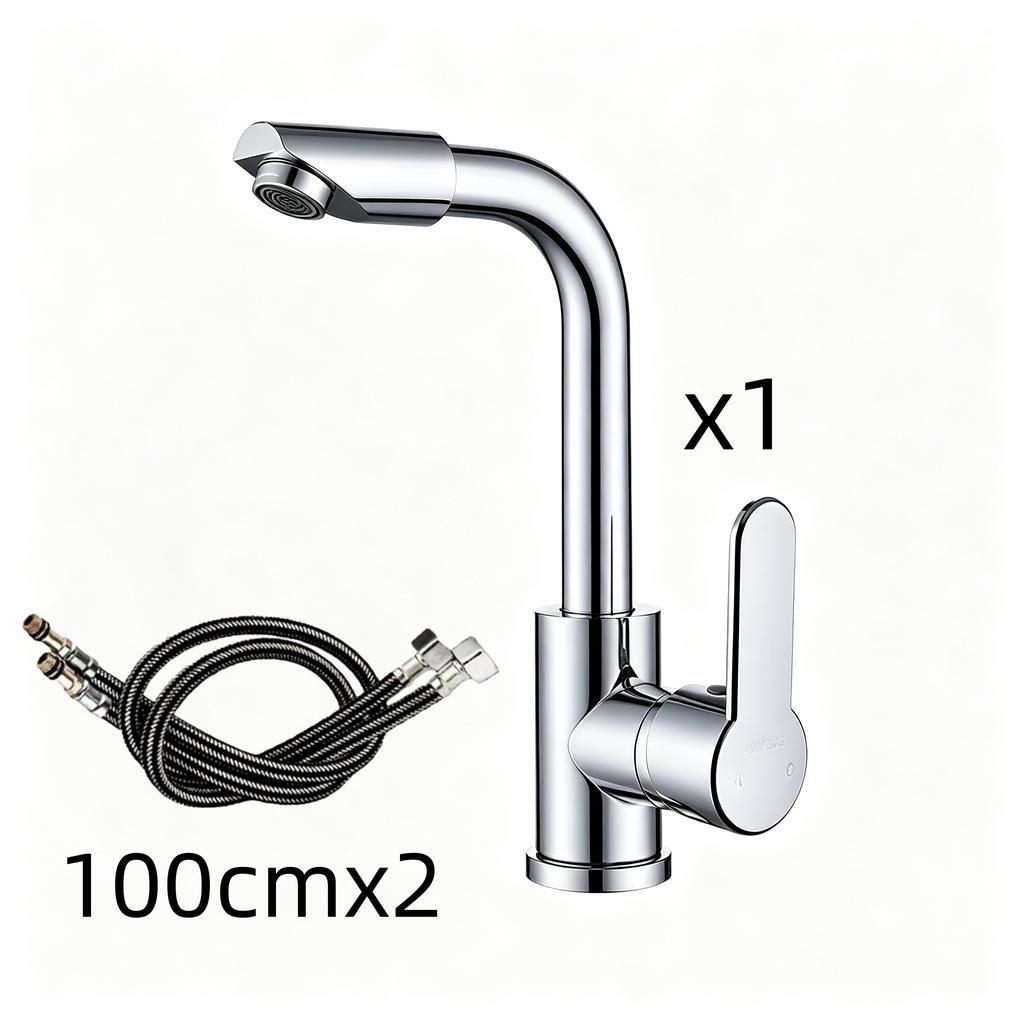 360° Rotatable Bathroom Sink Mixer Tap Chrome Finish Spout Hot Cold Water Faucet with Hot & Cold Water Hoses for Face Washing