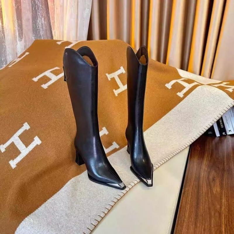 

Fashion New Style Popular Leather Long Boots Women Fashion V-port Pointed Toe Knee High Boots Ladies Sexy Chunky High Heels Shoes Boots 34 чёрный