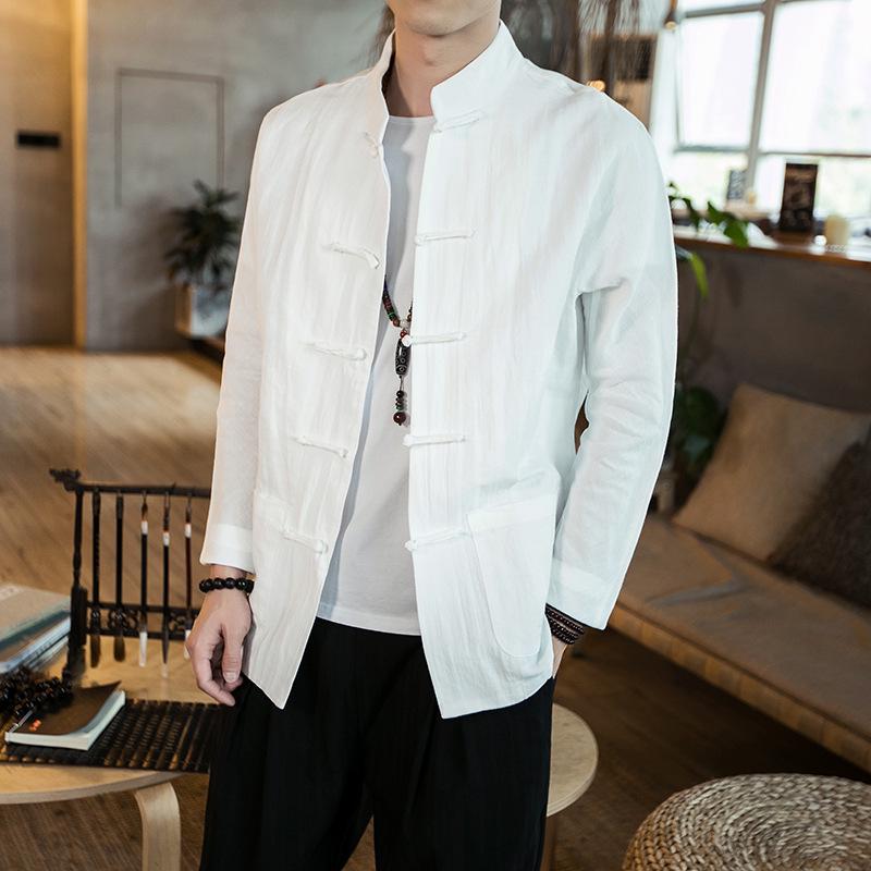 Men's Chinese-Style Long-Sleeve Linen Shirt with Stand-Up Collar - Retro Casual Top