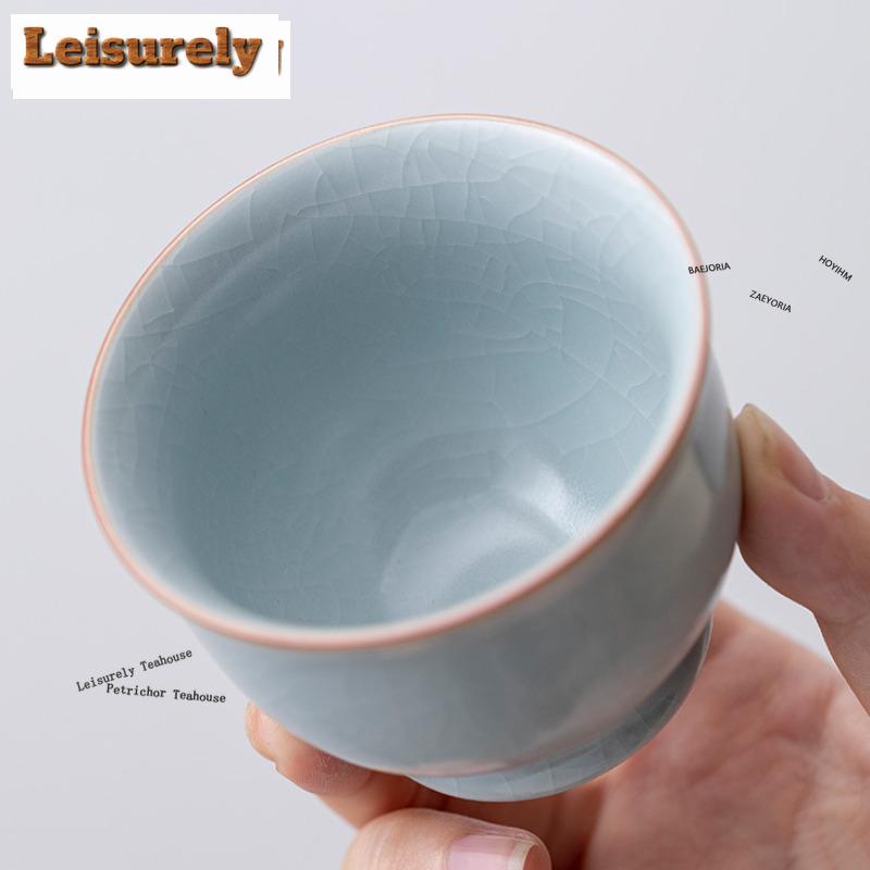 HOYIHM Chinese Ru Kiln Porcelain Teacup Ice Cracked Glaze Tea Bowl Travel Meditation Tea Cup Customized Copper Cash Tea Set Gift