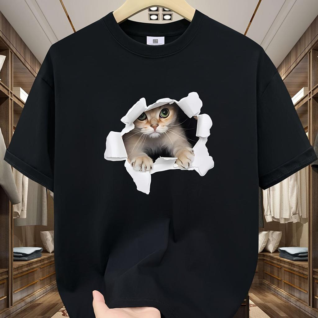 Unisexs Summer 100 Cotton 3D Cat Graphic Printed Fashion Sports and Leisure Loose Round Neck Short Sleeve Tshirt Top