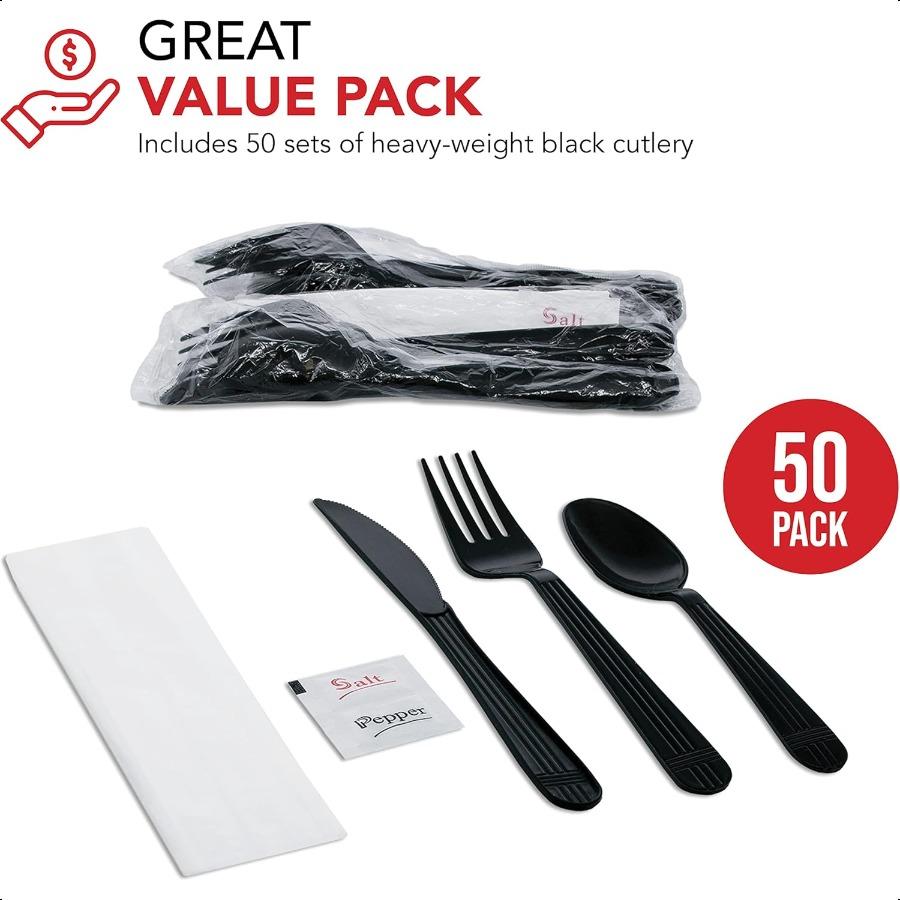 Individually Wrapped Plastic Cutlery Packets Heavy Duty Silverware Kits Fork Spoon Knife Napkin Salt Pepper 50 Utensils Sets Bl