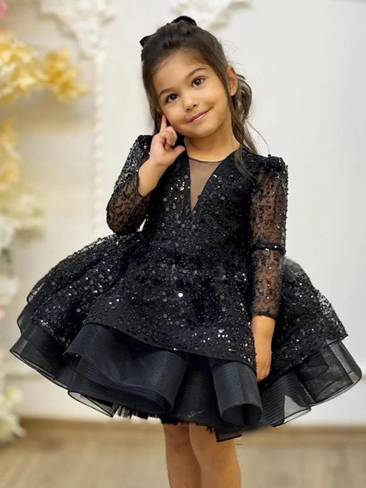 Children's Black French Puff-Sleeve Birthday Dress for Girls' Fashion Show, Host, or Piano Performance