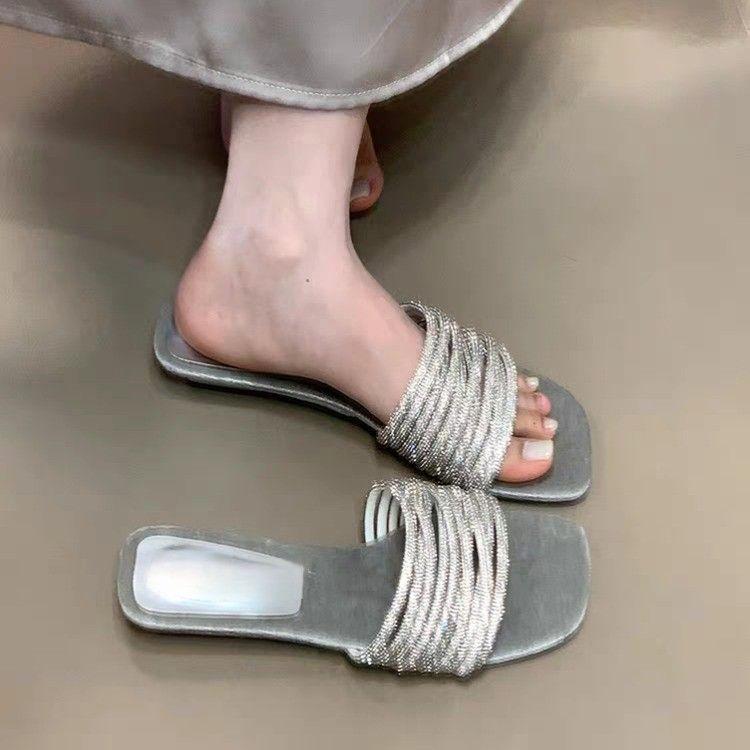 Fashion Word with Slippers Women's Summer Wear Lazy 2025 New High-end Versatile Fine Flash Low-heeled Open-toed Sandals
