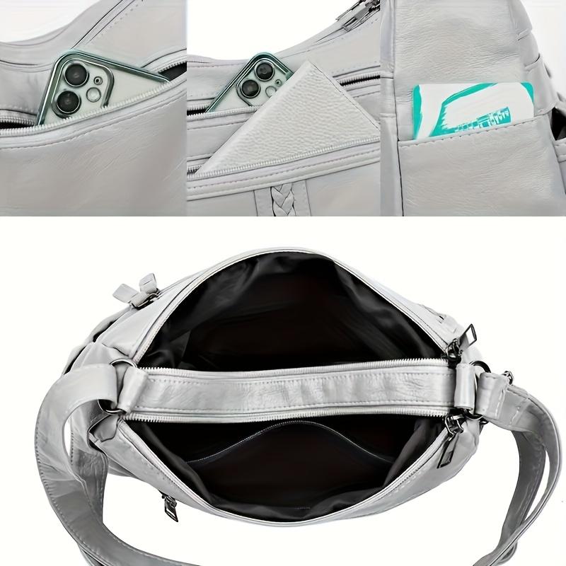 Weiche graue gewebte Leder-Hobo-Tasche mit mehreren Reißverschlusstaschen und verstellbarem breitem Riemen Vielseitige Schulter-Crossbody-Tasche für Damen
