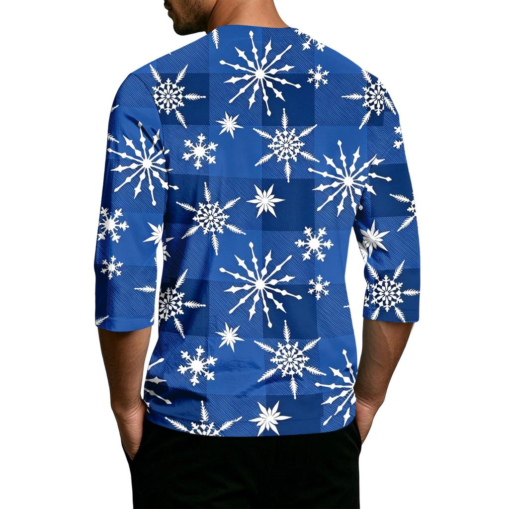 Men's Casual 3/4 Sleeve Neck T-Shirt with Christmas Print for Holiday