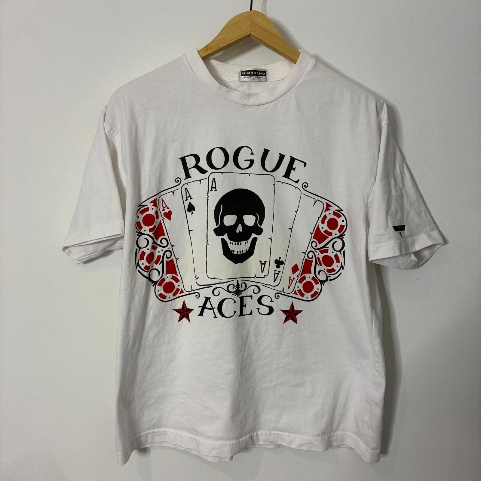 

Rogue Aces Shirt Mens Large White Graphic Tee Skull Cards Cotton Giordano 4XL