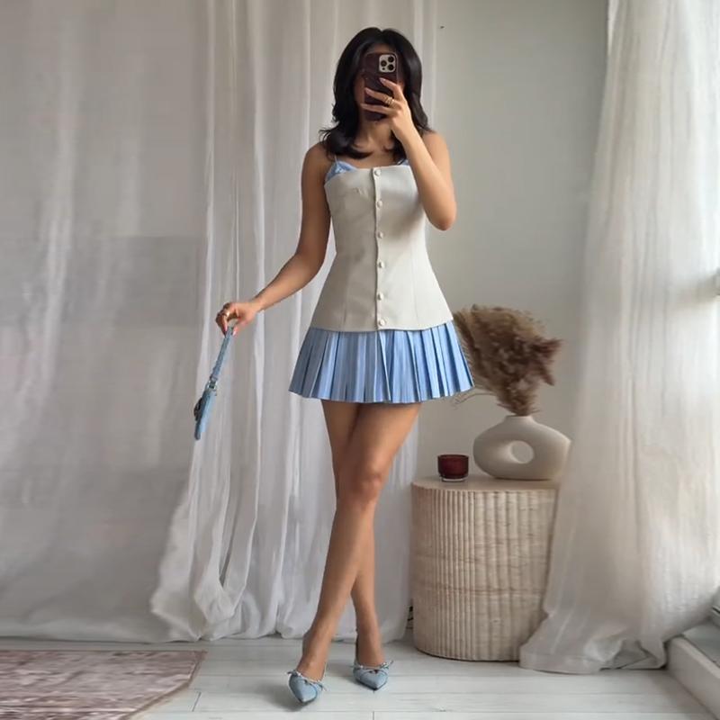 Patchwork Contrast Color Dress Pleated Hem Women Slim Sweet Strap Single Breasted Dresses Blue Y2K College Style 2025 Summer