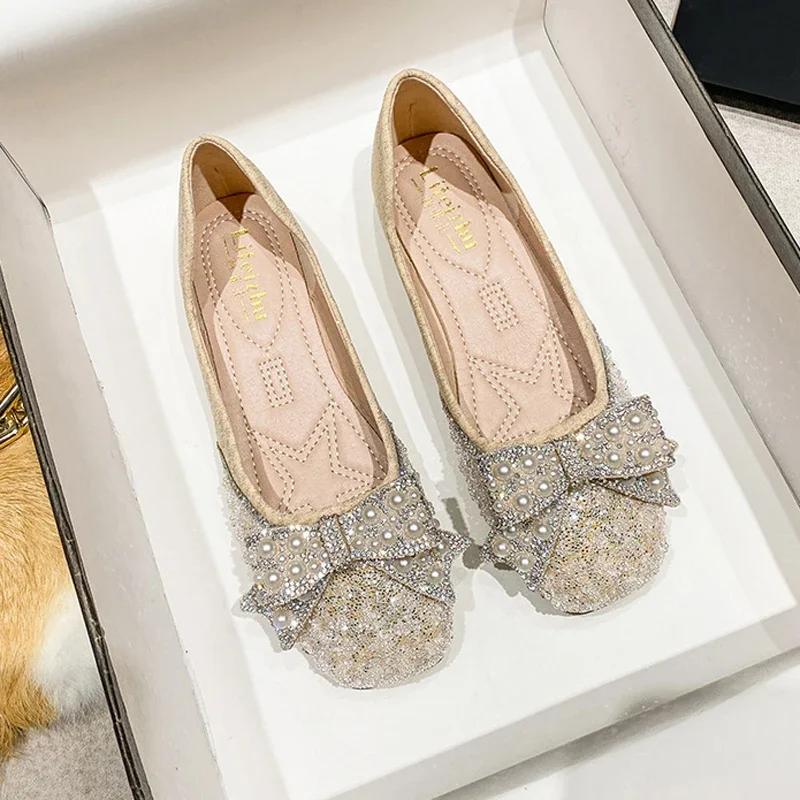 New Women Slip-on Loafers Spring Summer Fashion Beautiful Bling Pearl Flat Shoes Girl Beautiful Casual Boat Shoes