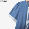 VONDA Women Casual Short Sleeve Lace Patchwork Bow Knot Cropped Blouse
