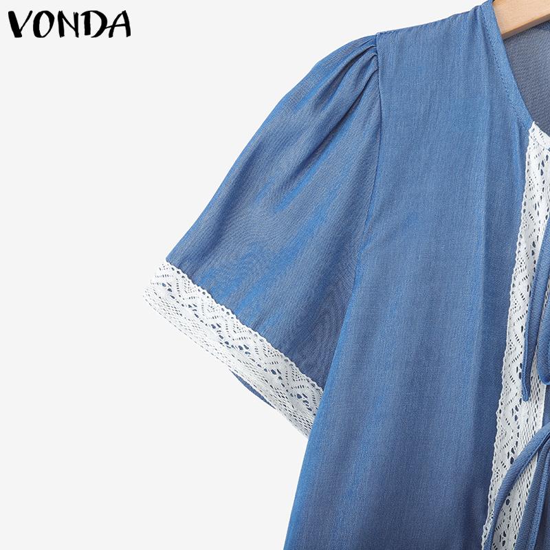 VONDA Women Casual Short Sleeve Lace Patchwork Bow Knot Cropped Blouse