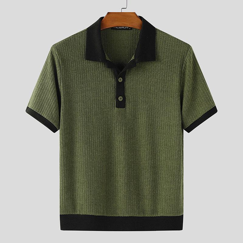 

INCERUN Men Lapel Short Sleeve Stitching Casual Office Rib T-shirts Tops S зелений