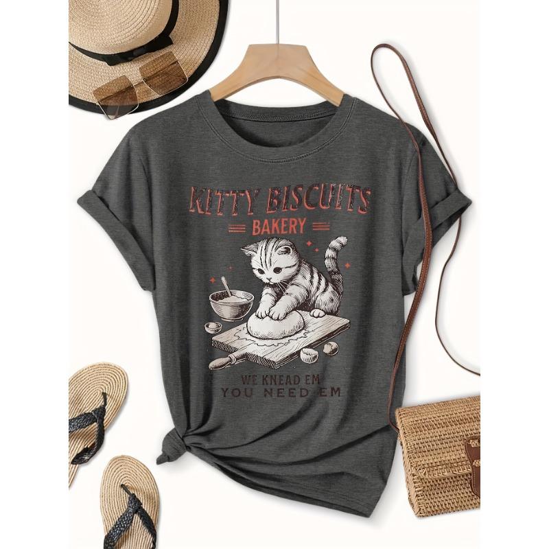 Women s Elegant Short Sleeve Cat Baking Theme Printed Round Neck Women s T-Shirt S