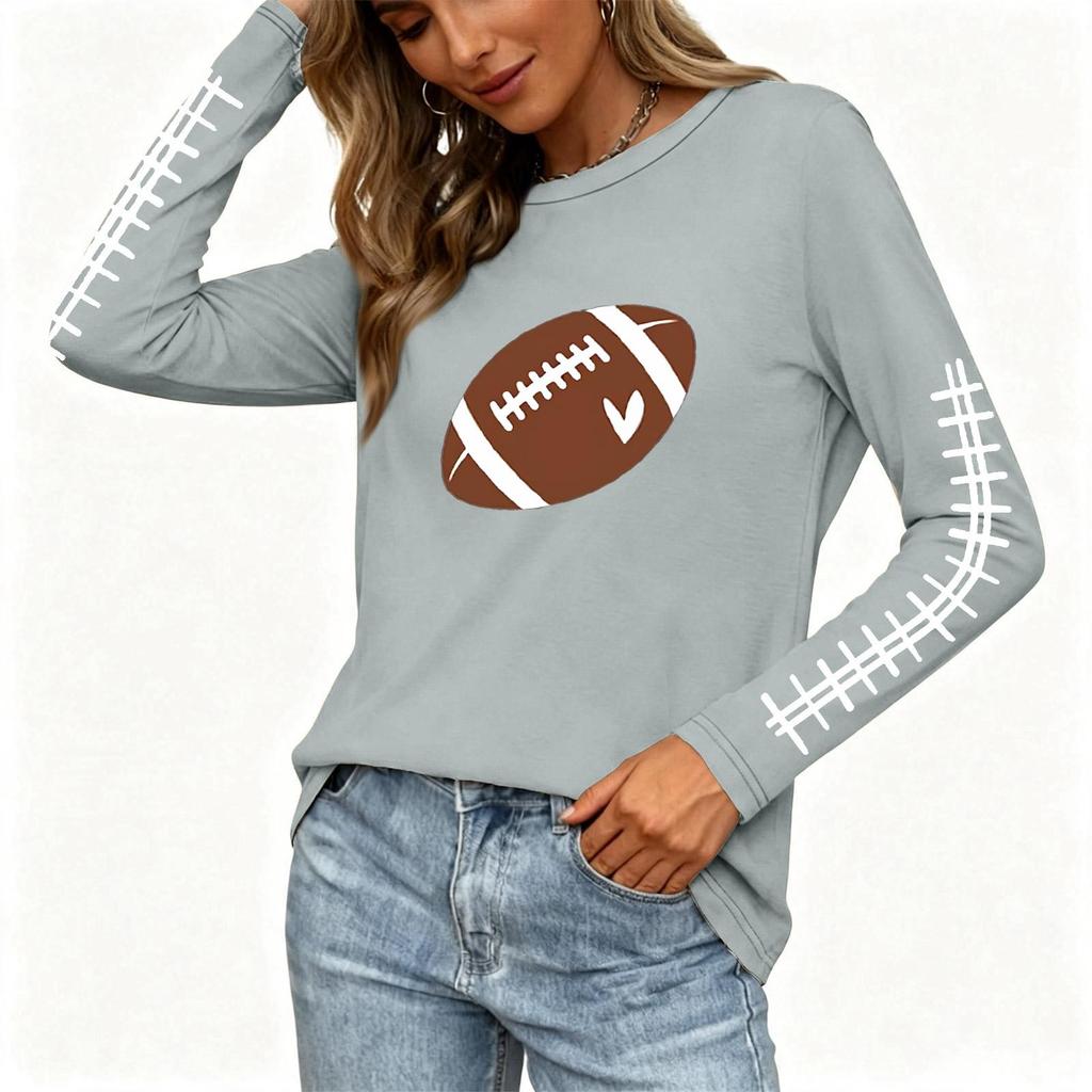 Women's Long Sleeve Neck Top with Rugby Print and Side Slit Hem