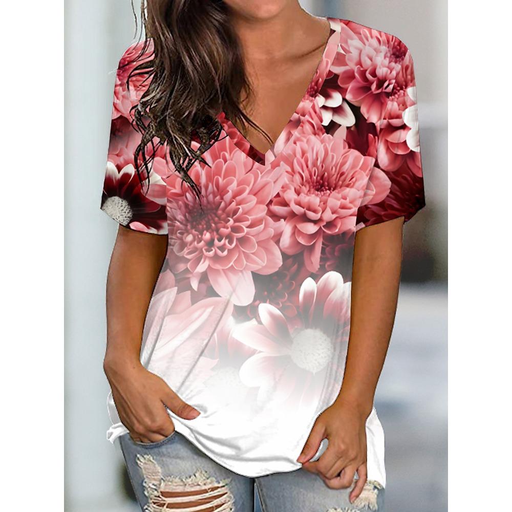 Plus Size Women's V-neck Short Sleeved T-shirt, Round Neck Pullover, Casual Printed Pattern, the Best Choice for Summer