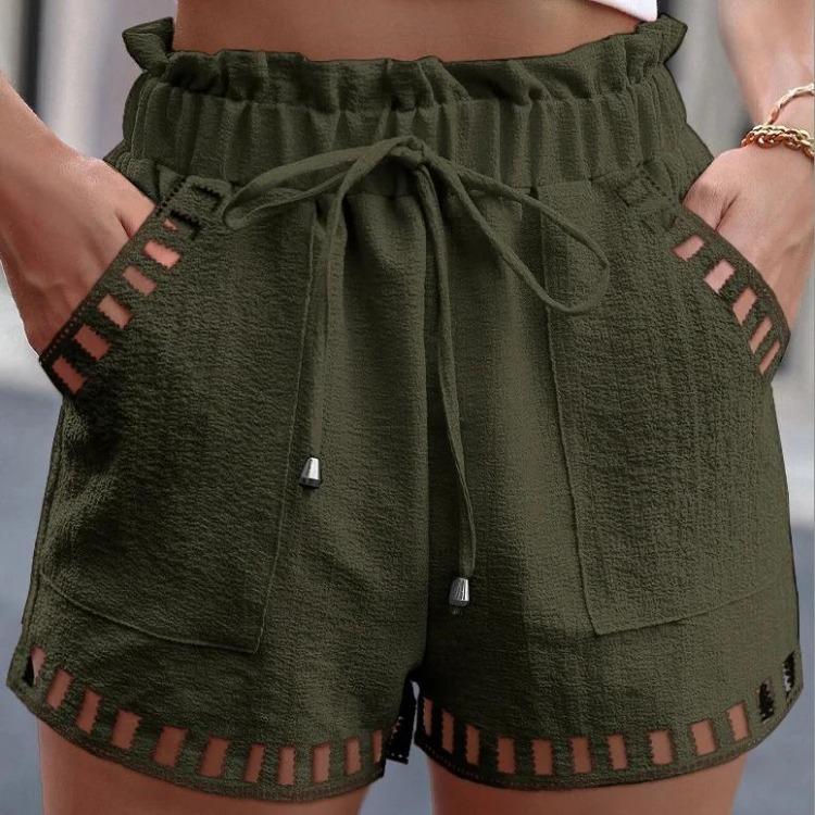 Women's Cotton Linen Shorts with Pocket Solid Color Thin Hollow Out Design Tight Waist Beachwear Pants White